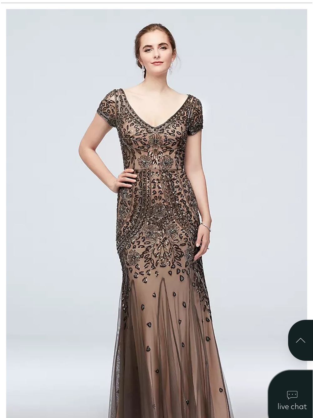 Oleg Cassini Taupe Beaded Cap-Sleeve Gown